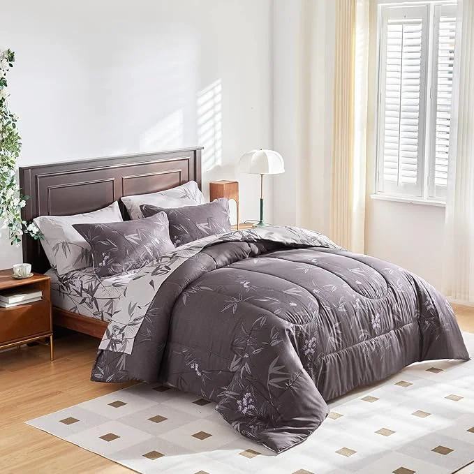 Refined 7-Piece Bed in a Bag King Comforter Set with Sheets Black Leaves Botanical Design Lightweight Bedding for All Season 1 Comforter 2 Pillow Shams 1 Fitted Sheet 2 Pillowcases Stylish
