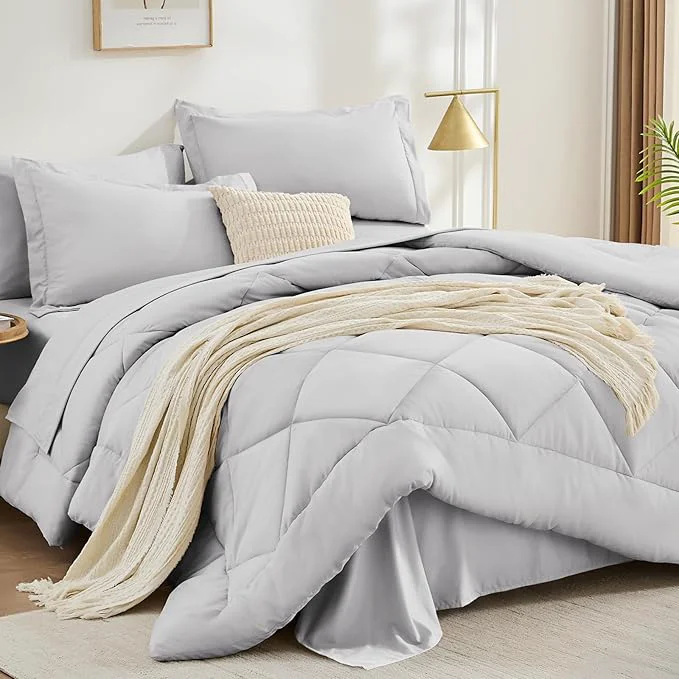 Specialty FUANNA 7 Pieces Full Size Comforter Sets All Season Bedding Sets Full Size Luxury Soft Bed in a Bag with Comforter Flat Sheet Fitted Sheet Pillowcases amp Pillow Shams Light Grey Elegant