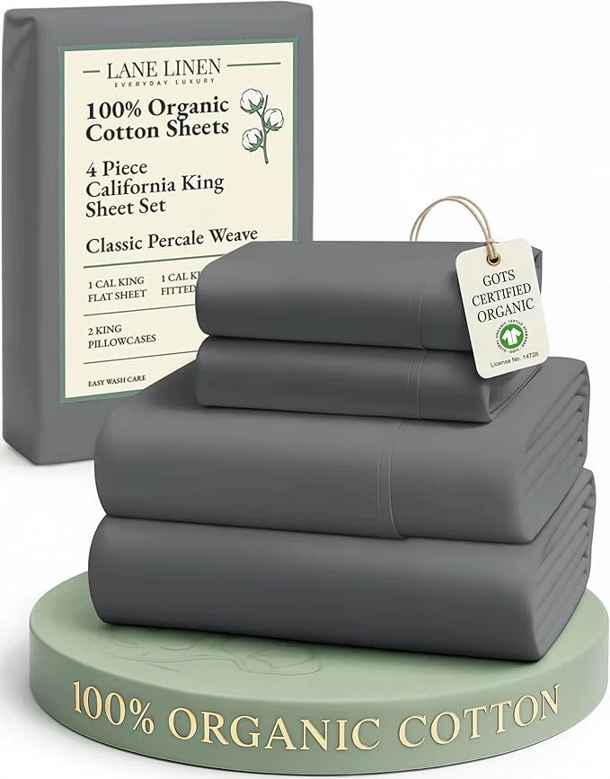Enhanced LANE LINEN Organic Cotton California King Sheets Set Fully Elasticized Reinforsed Seams in Fitted Pocket Machine Washable All Season Cal King Sheet Deep Pocket Bedding-Charcoal Easy-to-Use