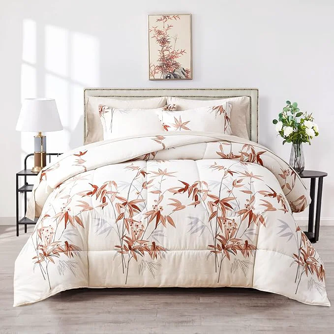 Consistent 7 Pieces Bed in a Bag King Comforter Set with Sheets Burnt Orange Leaves on White Botanical Bedding Sets for All Season 1 Comforter 2 Pillow Shams 1 Flat Sheet 1 Fitted Sheet 2 Pillowcases Casual