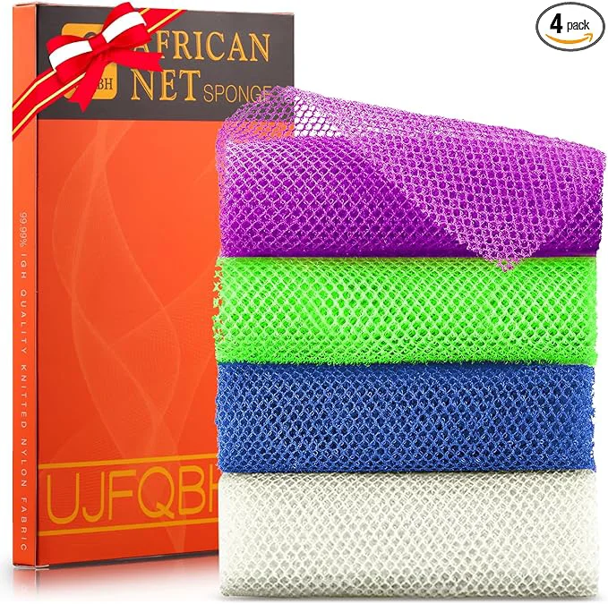 Enhanced UJFQBH 4 Pieces African exfoliating net African Net Long Net Bath Sponge Recyclable