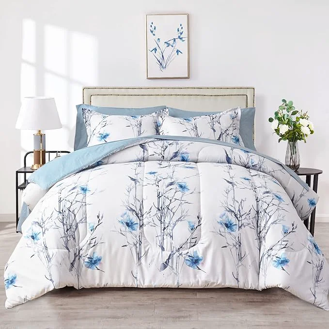 Fine 7 Piece Bed in a Bag Queen Comforter Set with Sheets Blue Flower Branch on White Botanical Bedding Sets for All Season 1 Comforter 2 Pillow Shams 1 Flat Sheet 1 Fitted Sheet 2 Pillowcases Stylish