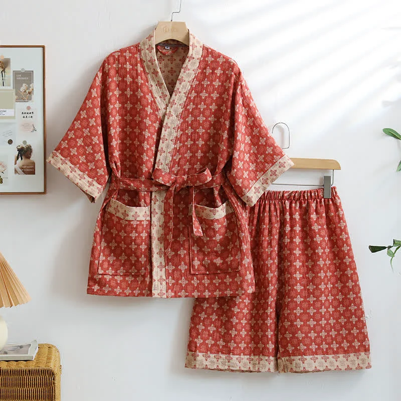 Selected Ownkoti Unisex Red Geometric Cotton Kimono Loungewear Fine