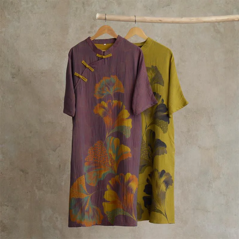 World-Class Ownkoti Ginkgo Leaf Print Cotton Cheongsam Nightgown Modern