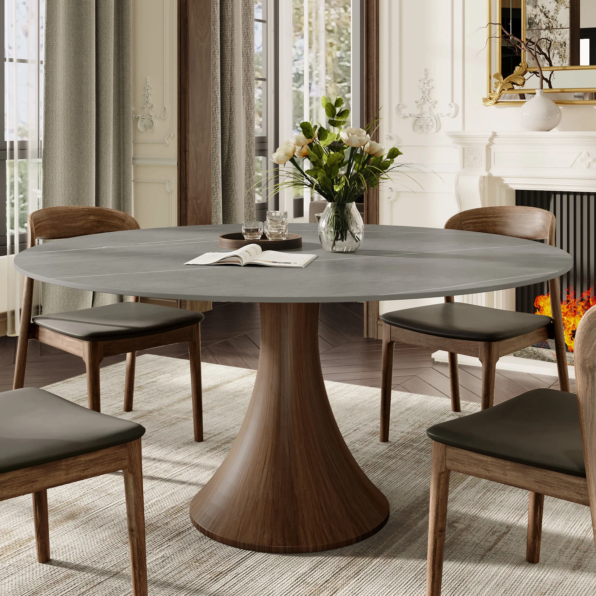 Carefully Designed Ownkoti Luxury Gray Mid-Century Modern Round Dining Table For 4 6 8 Official