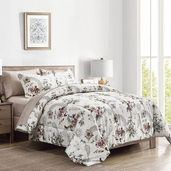 Elegant 7 Pieces Bed in a Bag Queen Comforter Set with Sheets Beige Floral Design Soft Microfiber Bedding Sets for All Season 1 Comforter 2 Pillow Shams 1 Flat Sheet 1 Fitted Sheet 2 Pillowcases Long-Lasting