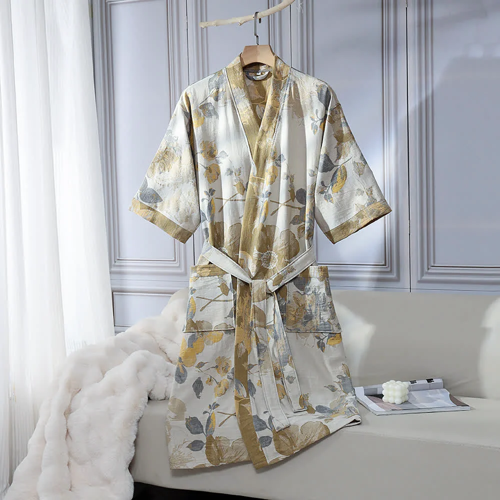 Professional Ownkoti Unisex Yellow Floral Cotton Gauze Bathrobe Detailed