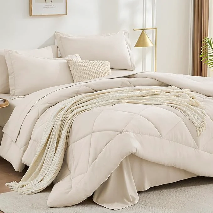 Lightweight FUANNA 7 Pieces King Size Comforter Set All Season Bed in a Bag King Size Luxury Soft Bedding Sets with Comforter Flat Sheet Fitted Sheet Pillowcases amp Pillow Shams Beige Smooth