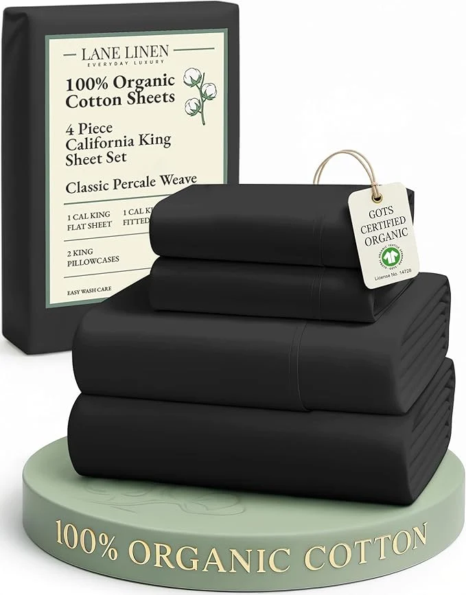 Innovative Lane Linen Organic Cotton California King Sheets Set 4-Piece Pure Organic Cotton Long Staple Percale Weave Ultra Soft Bedding Sheets for Bed Breathable Fits Mattress Upto 15 quot Deep - Black