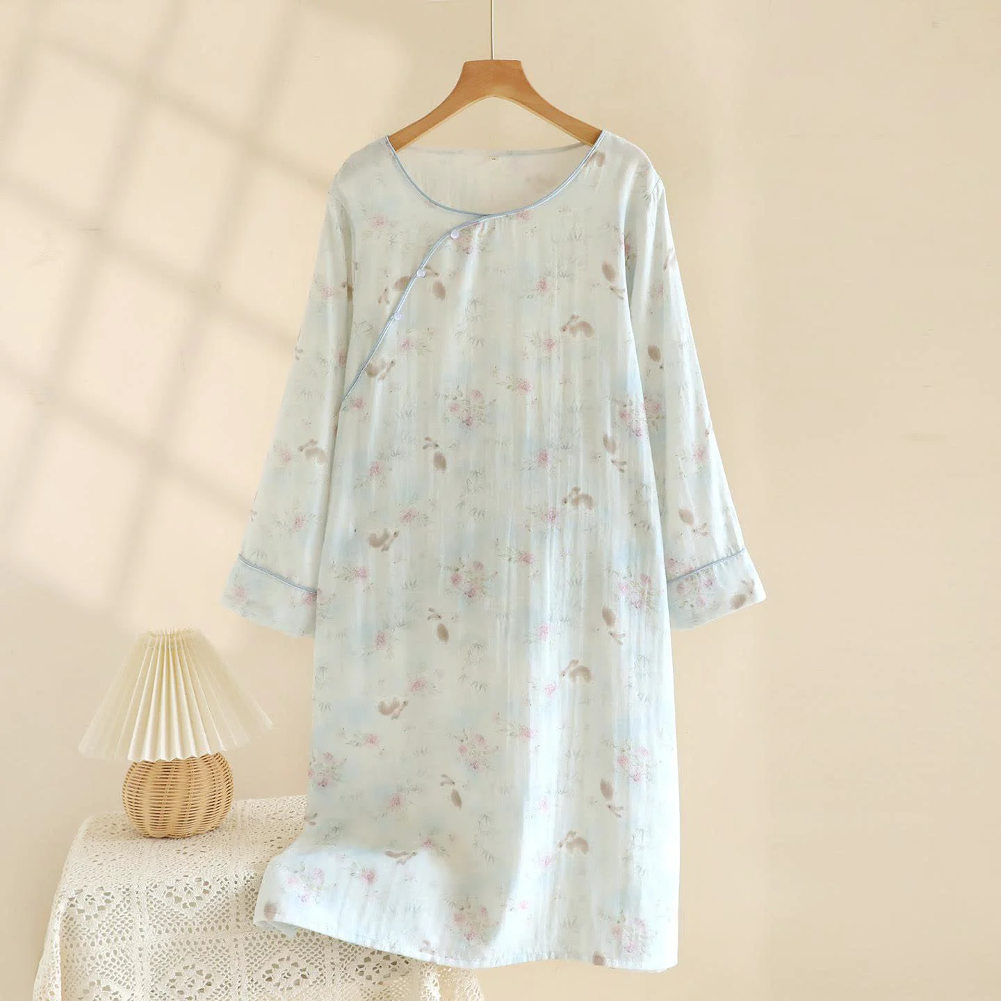 Fast Ownkoti Oriental Rabbit Bamboo Cotton Gauze Nightdress Detailed
