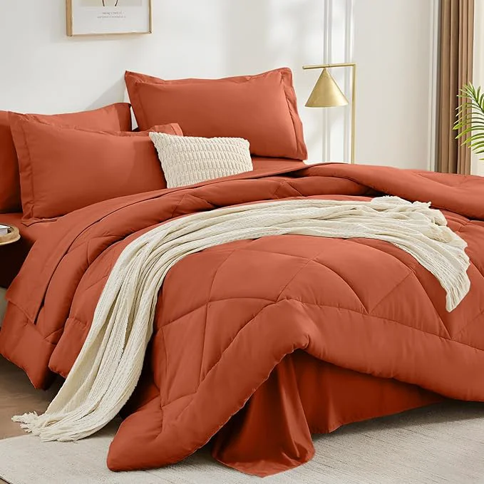 Elegant FUANNA 7 Pieces Full Size Comforter Sets All Season Bedding Sets Full Size Luxury Soft Bed in a Bag with Comforter Flat Sheet Fitted Sheet Pillowcases amp Pillow Shams Burnt Orange Crafted