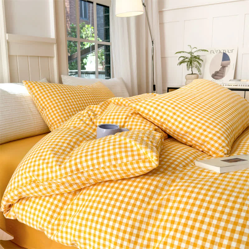 Recyclable Ownkoti Cotton Plaid Duvet Cover Dorm Bedding Set Detailed