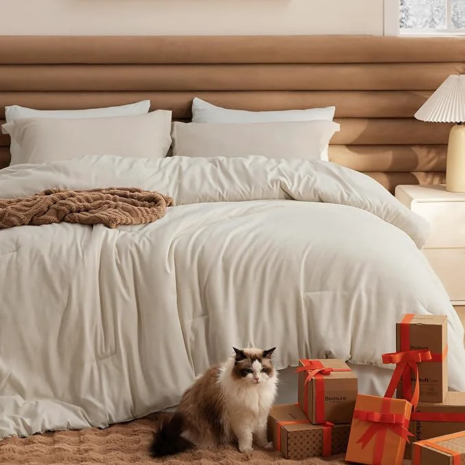 Environmentally Friendly Bedsure Full Comforter Set - Beige Soft Bedding for All Seasons Cationic Dyed Bed Set 3 Pieces 1 Full Size Comforter 82 quot x86 quot and 2 Pillow Shams 20 quot x26 quot 2 quot Casual