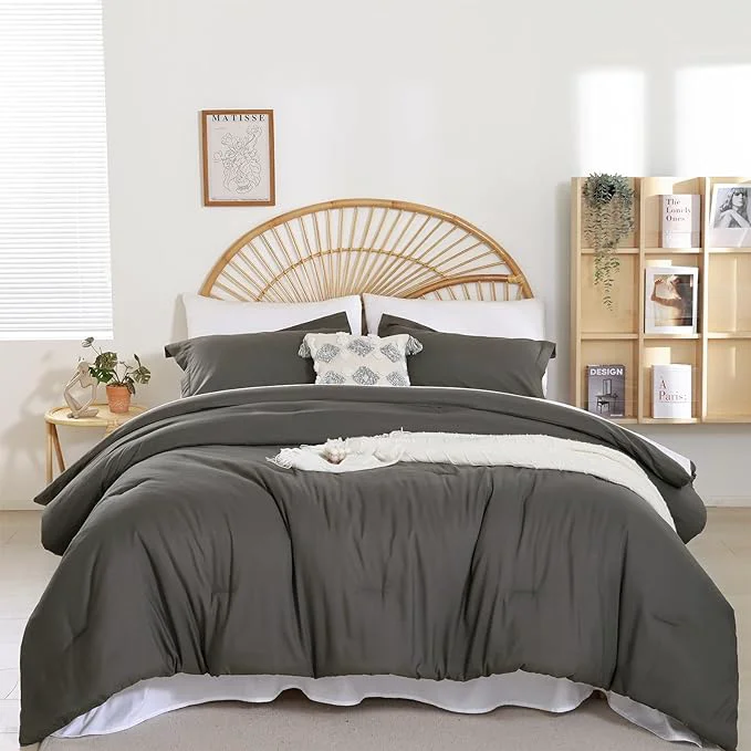 Prestigious weigelia Dark Grey Comforter Set King Size Grey Comforter with 2 Pillowcases 7 Pieces Gray King Comforter Bedding Set for Women and Men Microfiber Bed Comforter Set Soft All Season Official