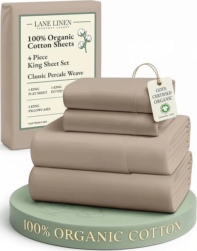 Sustainable LANE LINEN Organic Cotton Sheets Set Long- Staple Percale Weave Ultra Soft - Bedding Sheets for Bed GOTS Fits Mattress Upto 15inch Deep Pocket King Taupe Effective