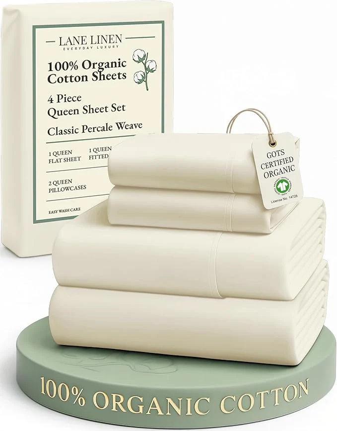Luxury LANE LINEN Organic Cotton Queen Sheets 4Pc Cotton Sheets Set Classic Percale Weave Bedsheets Queen Size Bed Soft Breathable Sheet amp Pillowcase Sets Deep Pocket 15 quot - Natural Sustainable