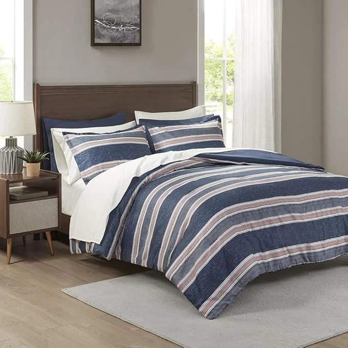 Fashionable Comfort Spaces Bed in A Bag Comforter Set - College Dorm Room Essentials for Boys Men Bedding Complete Dormitory Bedroom Pack And Sheet with 2 Side Pockets King Stripes Navy Red Specialty