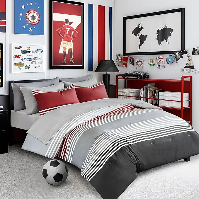 Contemporary Comfort Spaces Twin XL Comforter Sets with Sheets - Bed in a Bag 6 Pieces Teen Bedding Sets Red and Grey Stripes Bedding Twin XL College Twin XL Bed Set with 2 Side Pockets Bedroom Organizer Responsible
