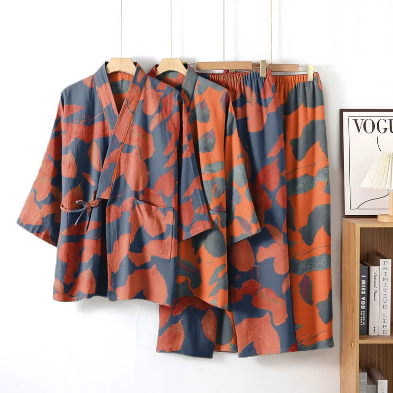 High-Quality Ownkoti Botanical Leaf Cotton Kimono Loungewear Set Selected