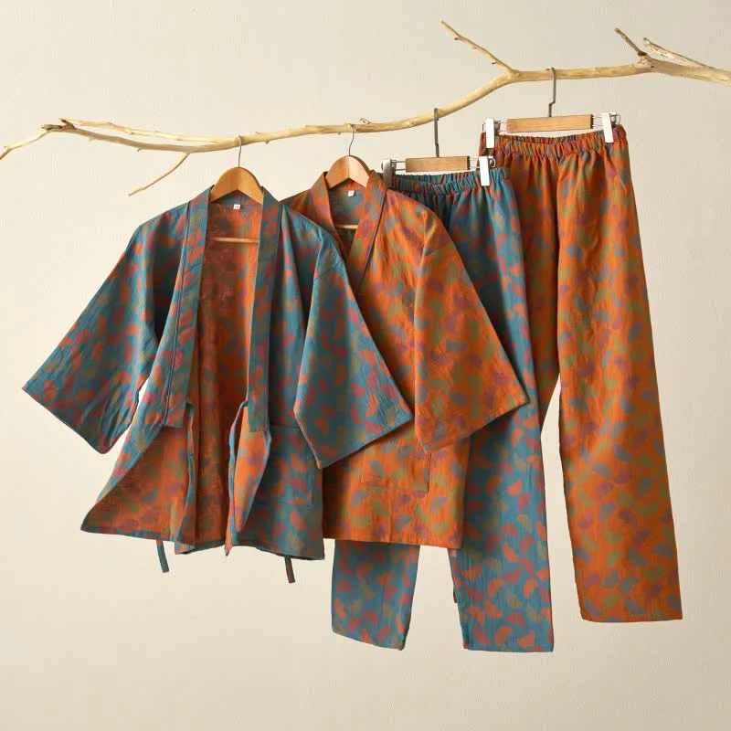 Minimalist Ownkoti Ginkgo Leaf Cotton Kimono Loungewear Set Organic