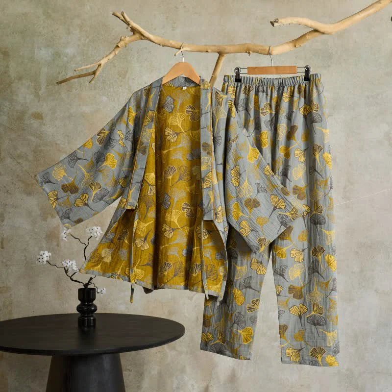 Authentic Ownkoti Ginkgo Cotton Gauze Kimono Loungewear Set Minimalist