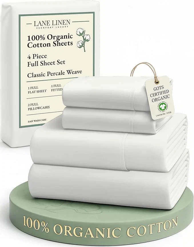 Verified LANE LINEN Organic Cotton Full Sheets Set 4-Piece Pure Percale Long Staple Soft Bedding Breathable Fits Mattress Upto 15 quot Deep - Glacier Grey Secure