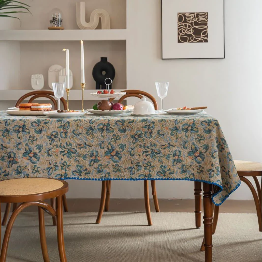 Advanced Ownkoti Rustic Style Blue Floral Jacquard Tablecloth Enhanced