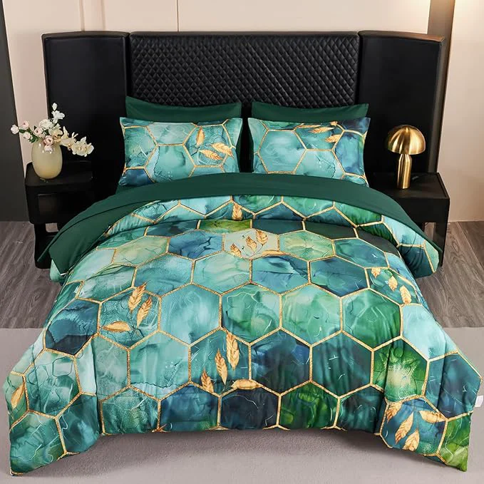 Original Design ANGIYUIN 7 Pieces Turquoise Gold Marble Comforter Set Queen Watercolor Printed Bedding Comforter Set Luxury Gold Trim Bed Set Hexagon Honeycomb Bed in A Bag with Sheets Queen Teal Green Fine Crafted