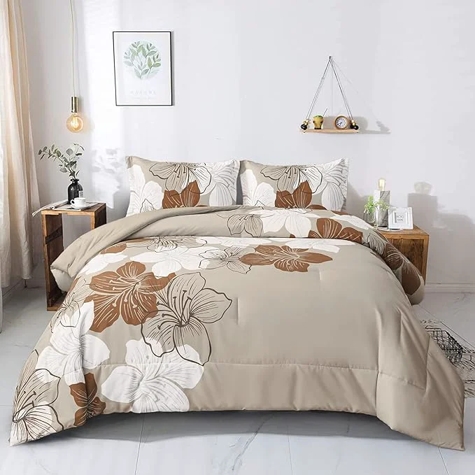 Recyclable Menghomeus Brown Comforter Set Full Taupe Floral Comforter Botanical Bedding Sets Soft Bed Comforter Set for All Season 1 Comforter 2 Pillowcases Eco-Friendly