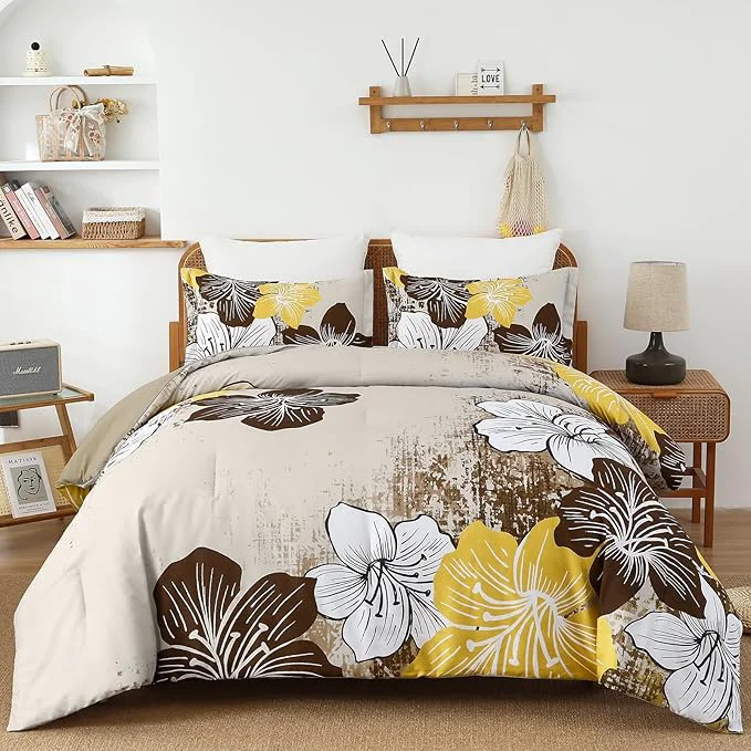 Minimalist Menghomeus Brown Floral Comforter Set King Ombre Brown Bedding Lightweight Microfiber Bed Comforter for All Season 3 Piece Flowers Comforter with 2 Pillowcases Enhanced
