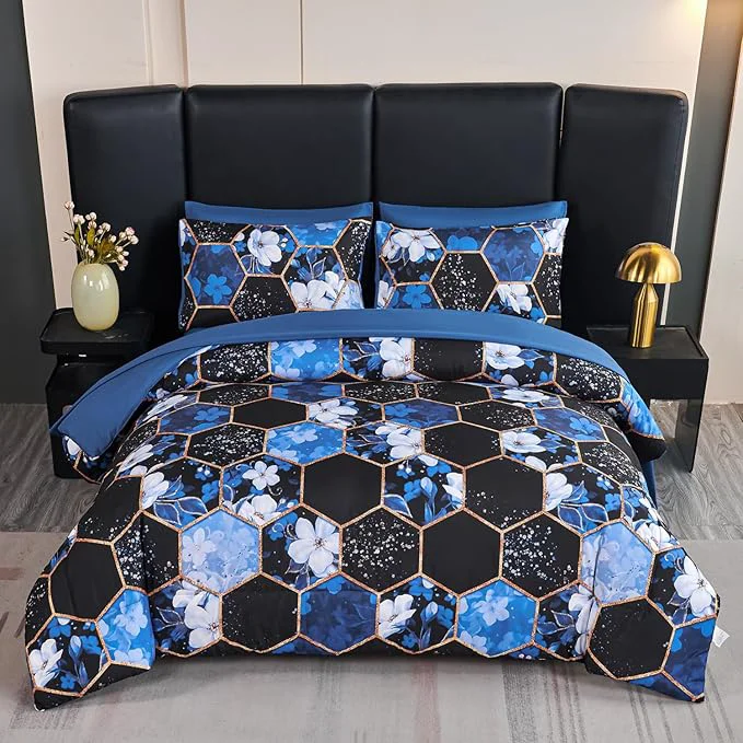 Carefully Designed ANGIYUIN 7 Pieces Blue Black Full Size Bedding Sets Marble Comforter Set White Floral Bedding Comforter Sets Gold Geometric Bed in A Bag with Sheets for Women Men Eco-Friendly