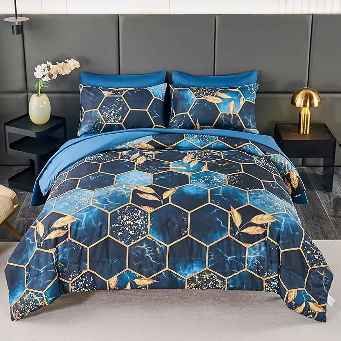 Fine ANGIYUIN 7 Pieces Blue Gold Bed in A Bag Full Geometric Hexagon Theme Bedding Sets Gold Trim Comforter Set Luxury Steel Blue Gold Foil Print Bed Sets with Pillowcases Sheets Blue Full User-Friendly