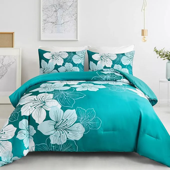 Optimized Menghomeus King Comforter Set Gradient Teal Bedding Floral Comforter Sets - Soft Microfiber Bed Comforter Set for All Season 3 Piece Botanical Flowers Comforter Pillowcases Traditional