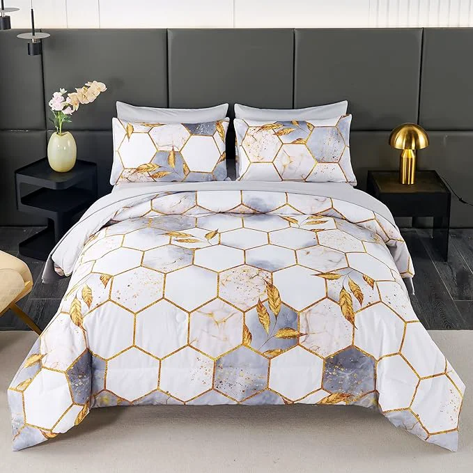 Outstanding ANGIYUIN 7 Pieces White Gold Comforter Set Queen Geometric Honeycomb Bedding Sets Hexagon Gold Trim Bed Sets Ultra Soft Lightweight Bed in A Bag for Women Men White Queen Eco-Friendly