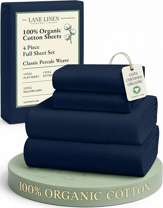Certified LANE LINEN Eco Friendly Organic Cotton Fully Elasticized Full Sheet Set Low Pilling Fade Resistant Machine Washable Naturally Cooling Full Bed Sheets Soft amp Comfy Cotton Bedding- Navy Recyclable