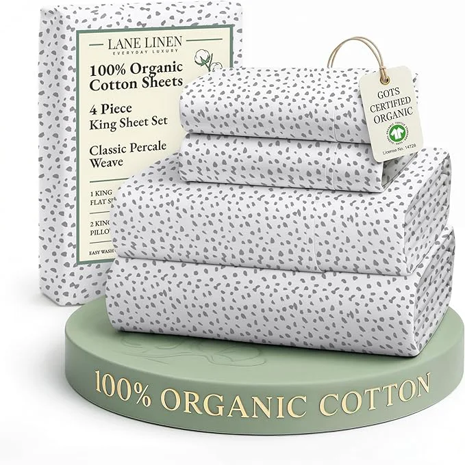 Responsible LANE LINEN Organic Cotton Printed King Bed Set All Season Crisp Percale Weave Ultra Soft amp Comfy Mercerized Cotton Bedding Sheets amp Pillowcase Set King Size Printed Sheets - Haze Grey Excellent