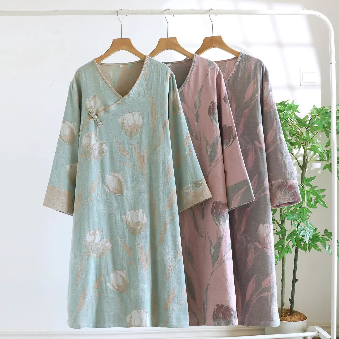 Efficient Ownkoti Tulip Natural Cotton Gauze Jacquard Nightdress First-Class