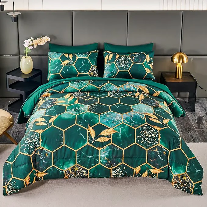 Unique ANGIYUIN 3D Marble Printed Emerald Green Comforter Set Full 7Pcs Geometric Hexagon Theme Comforter Gold Trim Bed in A Bag Full Modern Watercolor Foil Print Bedding Set with Sheets Green Full Authentic