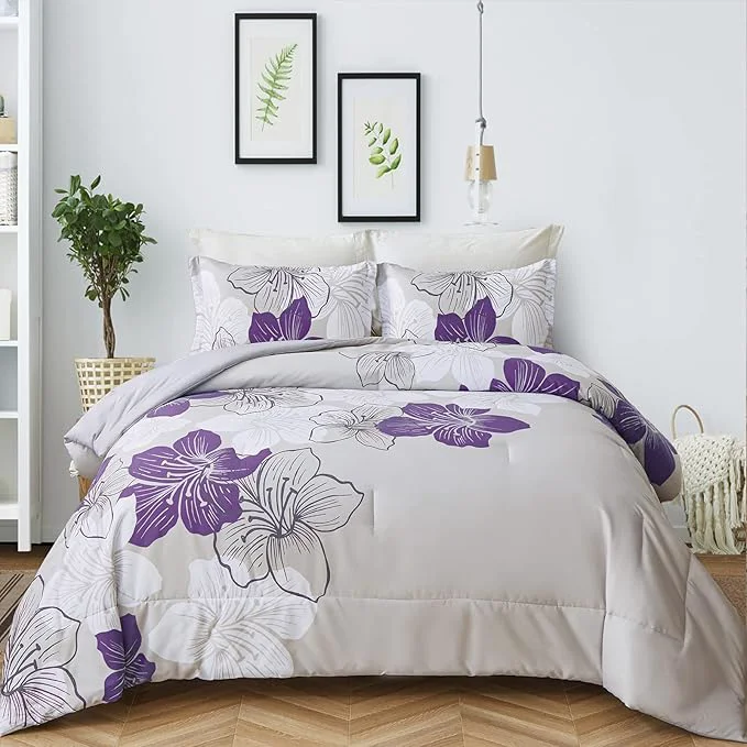 Refined Menghomeus California King Comforter Set Purple Floral Pattern Printed on Grey Cal King Bedding Set Soft Microfiber Bed Comforter Set for All Season Pure