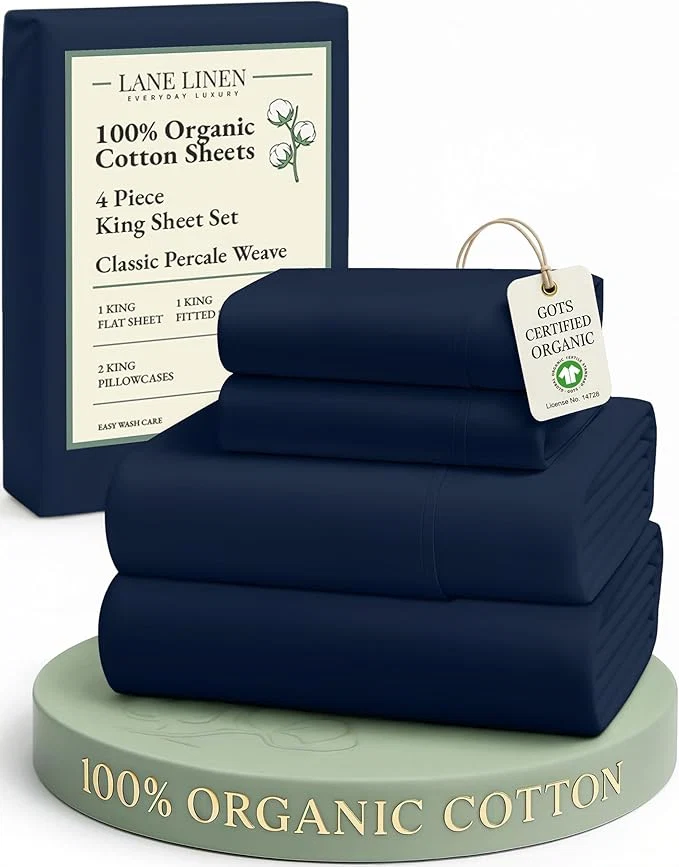 Original LANE LINEN Organic Cotton Fully Elasticized King Sheet Set Low Pilling Fade Resistant Machine Washable Naturally Cooling King Bedding Set Soft amp Comfy Cotton Sheets - Navy Versatile