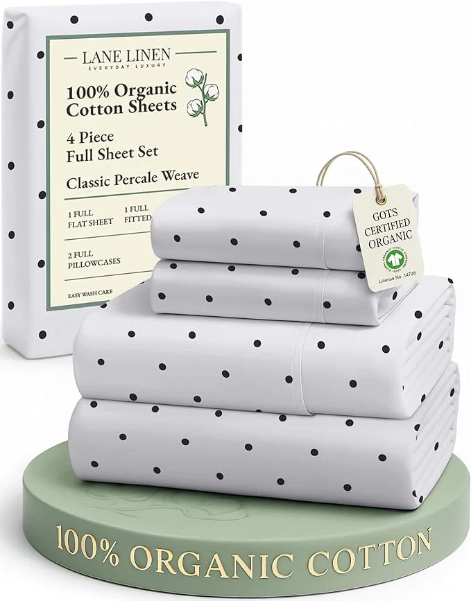 High-Grade LANE LINEN Organic Cotton Full Sheets Set Percale Fully Elasticized Mercerized Soft amp Comfy Machine Washable Printed Cotton Sheet Set Eco Friendly Printed Full Size Bedding- Polka Dot Certified