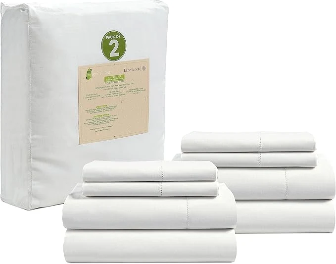 High-Grade LANE LINEN Organic Cotton Pure White Full Sheets Set 4-Piece Pure Organic Cotton Long Staple Percale Weave Ultra Soft Bedding Sheets for Bed Breathable 15 quot Deep Pocket - White 2 Pack Lightweight