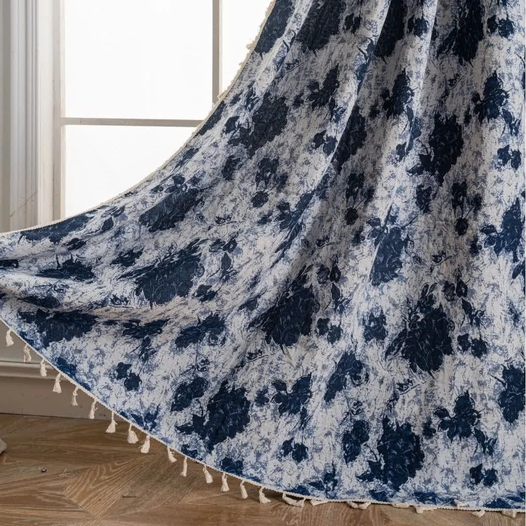 Official Ownkoti Blue Abstract Jacquard Tassel Curtains Safe