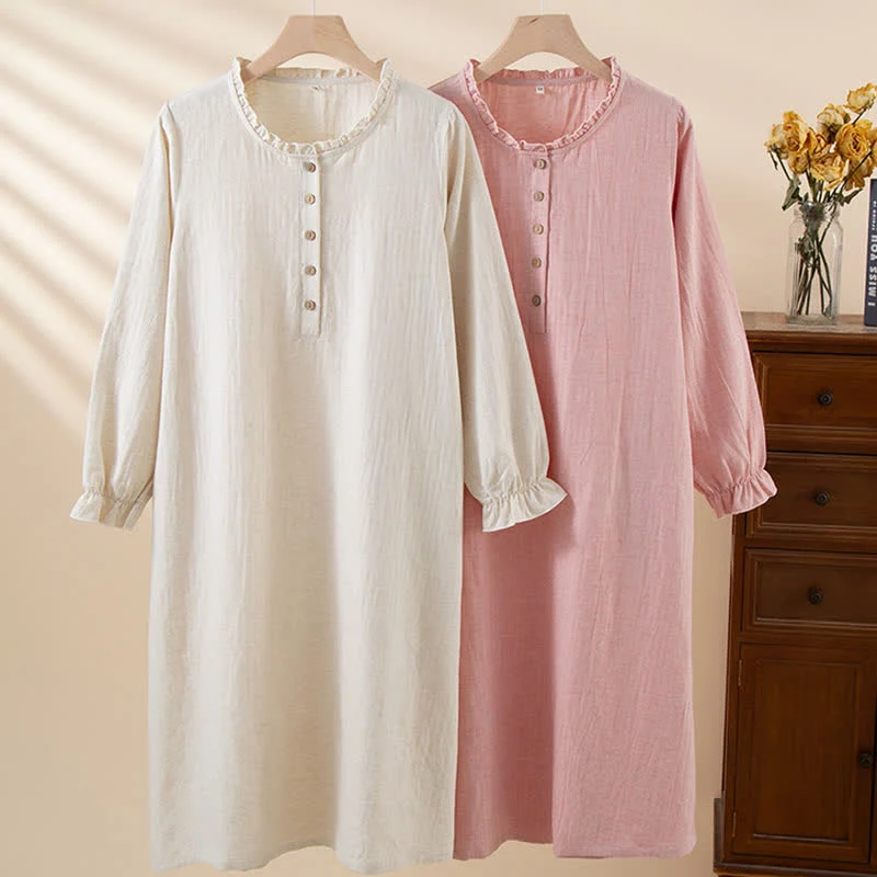 Trendy Ownkoti Simple Ruffled Cotton Linen Button Nightgown Versatile