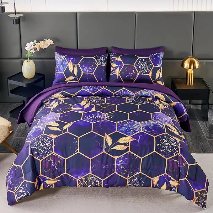 Refined ANGIYUIN Purple Gold Comforter Set California King Size Marble Gold Leaves Printed Bedding Comforter Set 7 Pieces Hexagon Honeycomb King Bed in A Bag with Sheets for All Season Enhanced