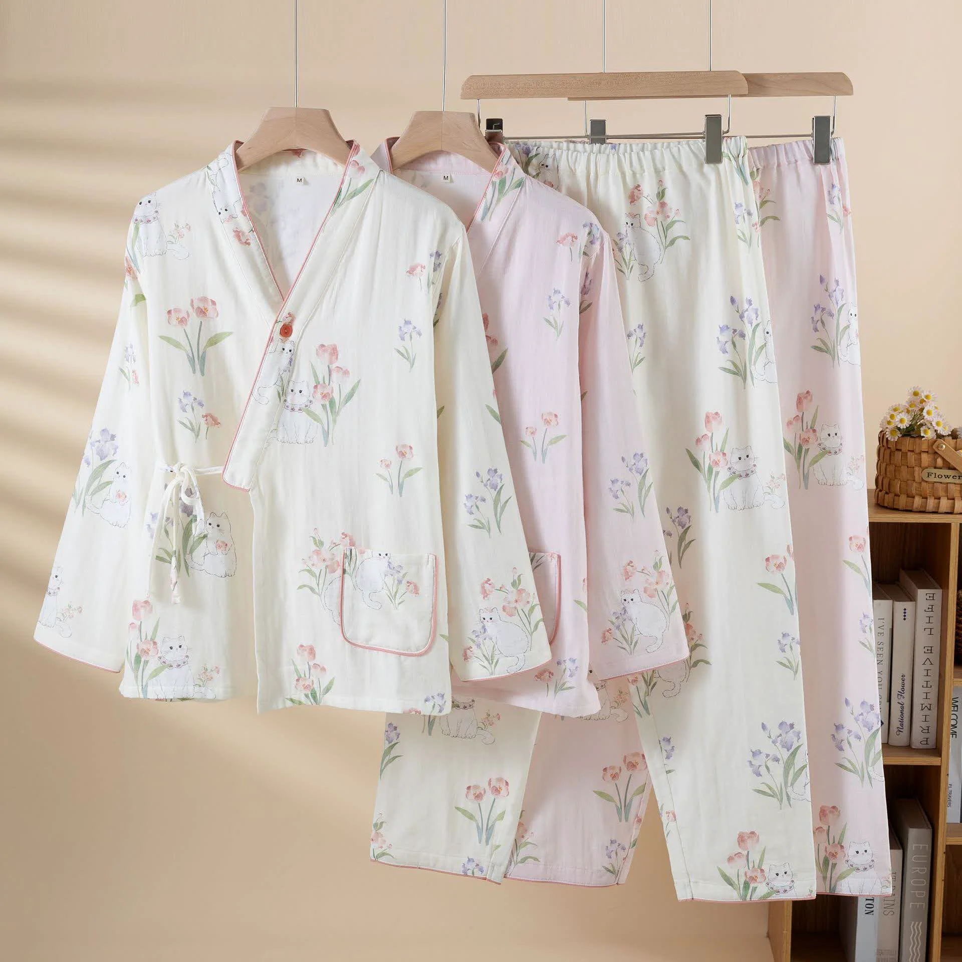 Powerful Ownkoti Cotton Gauze Floral Cat Kimono Pajamas Breathable