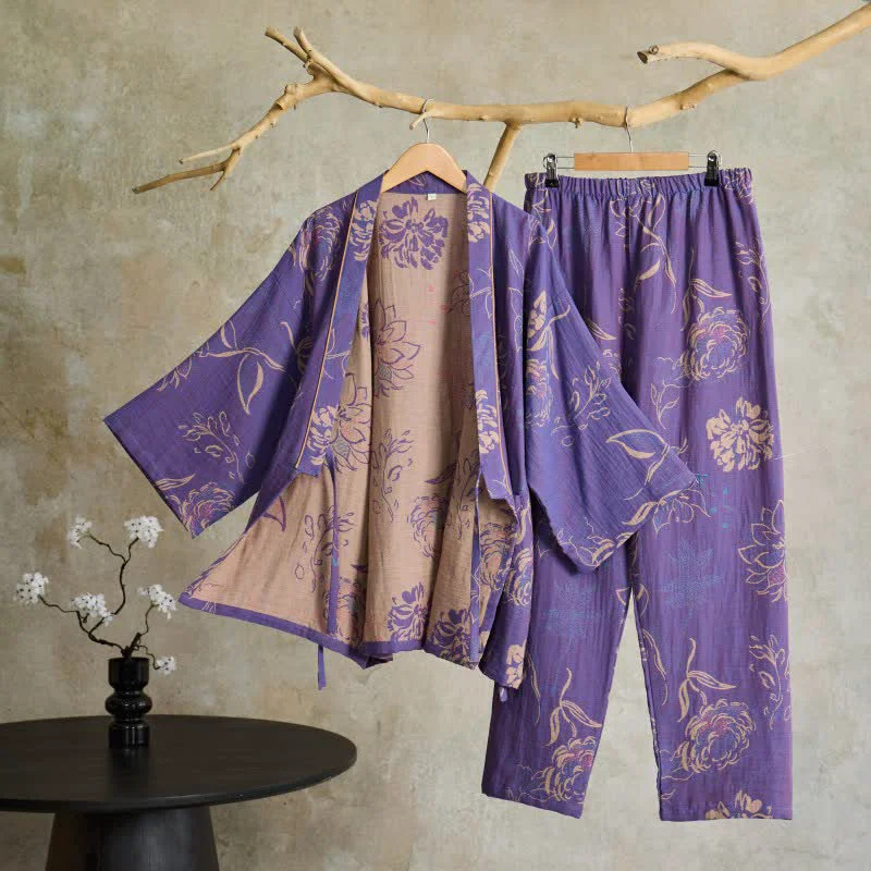 Reliable Ownkoti Peony Cotton Gauze Kimono Loungewear Set Casual