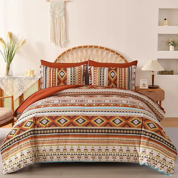 Responsible Dinjoy Burn Orange Terracotta Comforter Set King Lightweight Boho Bed in A Bag King Size 7 Piece Aztec Striped Bedding Set Fall Comforters Bed for Women Family 90 quot ×104 quot Enhanced