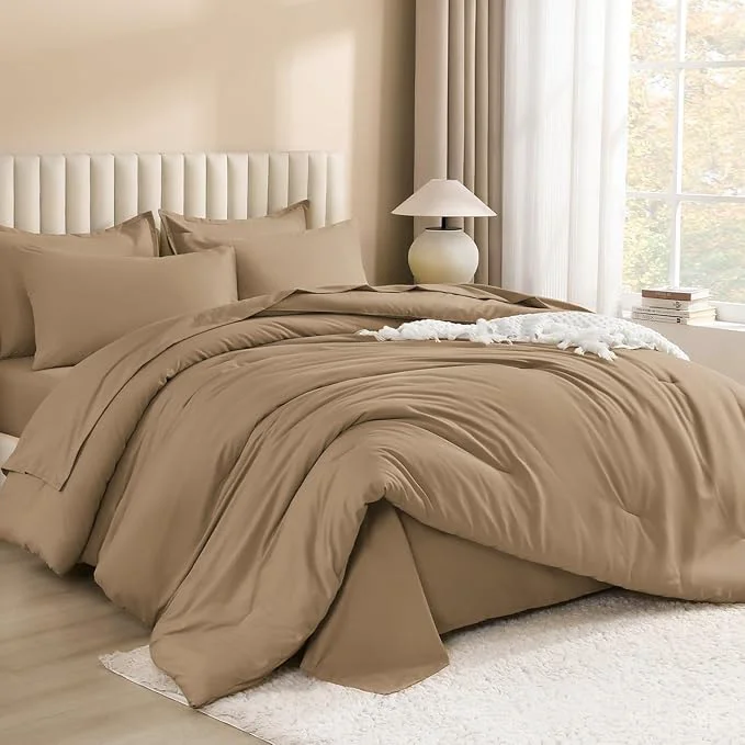 Relaxed Litanika Queen Comforter Set Taupe - 7 Pieces Bed in a Bag Queen Bedding Comforter Sets Solid Lightweight Bed Set with Comforter Sheets Pillowcases amp Shams Traditional