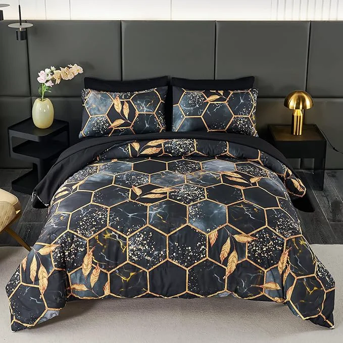 Original Design ANGIYUIN 7Pcs Black and Gold Comforter Set Full Size 3D Hexagon Geometric Bedding Comforter Set Marble Bed in A Bag Watercolor Foil Print Bed Sets with Comforter and Sheets Black Full Contemporary